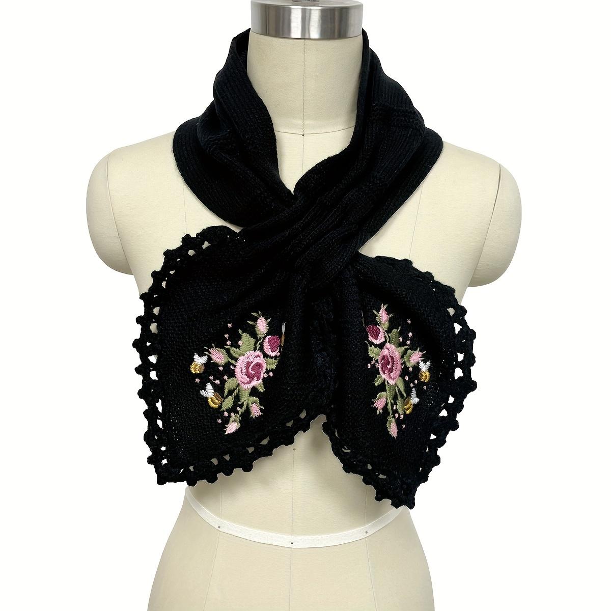 

One Autumn and Winter Ladies Anti-Cold Handmade Hook Edge Peach Shape Bee Small Flower Embroidery Scarf чёрный