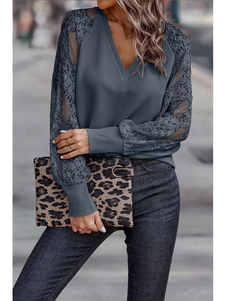 European & American Women's V-neck Lace Knitted Sweater - Loose Casual 2024 Spring/Summer Fashion Top