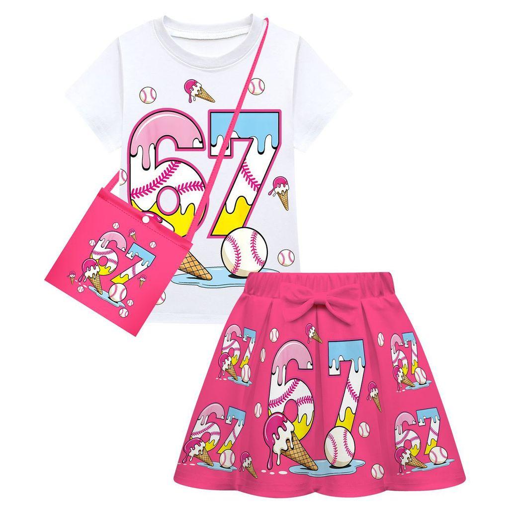 Kids Girls Steal a Brainrot 67 Print Sets Short Sleeves T-Shirt Skirt Bag Clothes Set