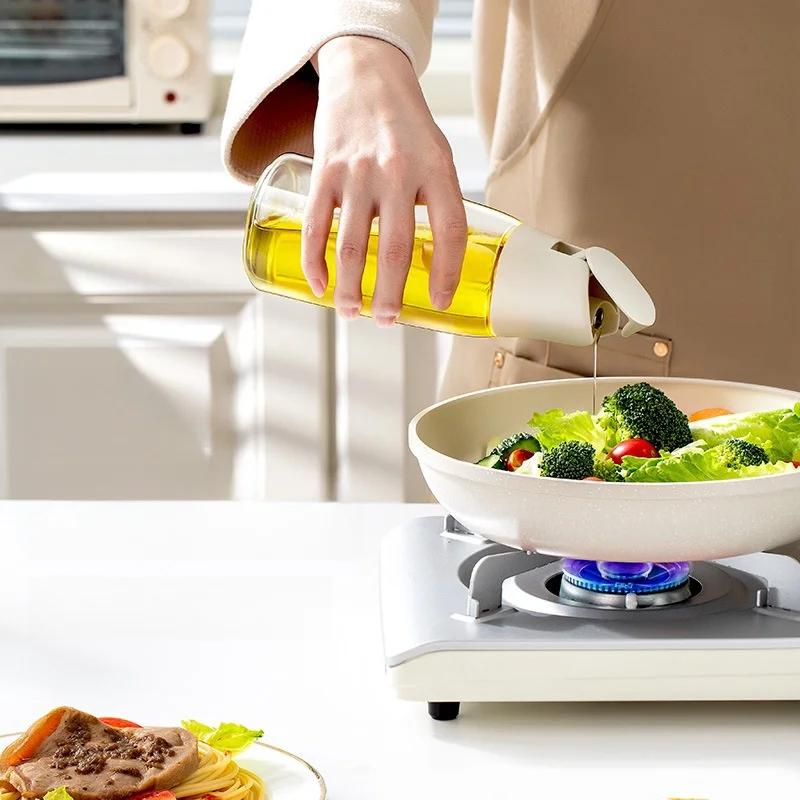 Oil Spray Bottle 450ml Glass Cooking Oil Dispensers Non Stick Oil Kitchen Pour Oil Container Automatic Opening And Closing Oiler