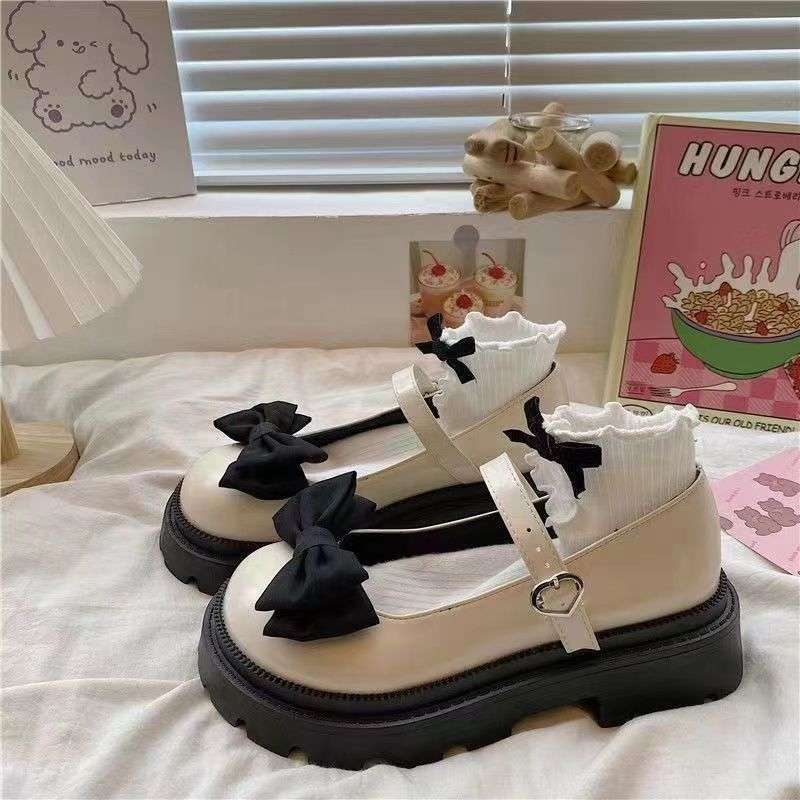Bow Mary Jane small leather shoes female cute round head platform big head shoes college style versatile Japanese jk shoes tide