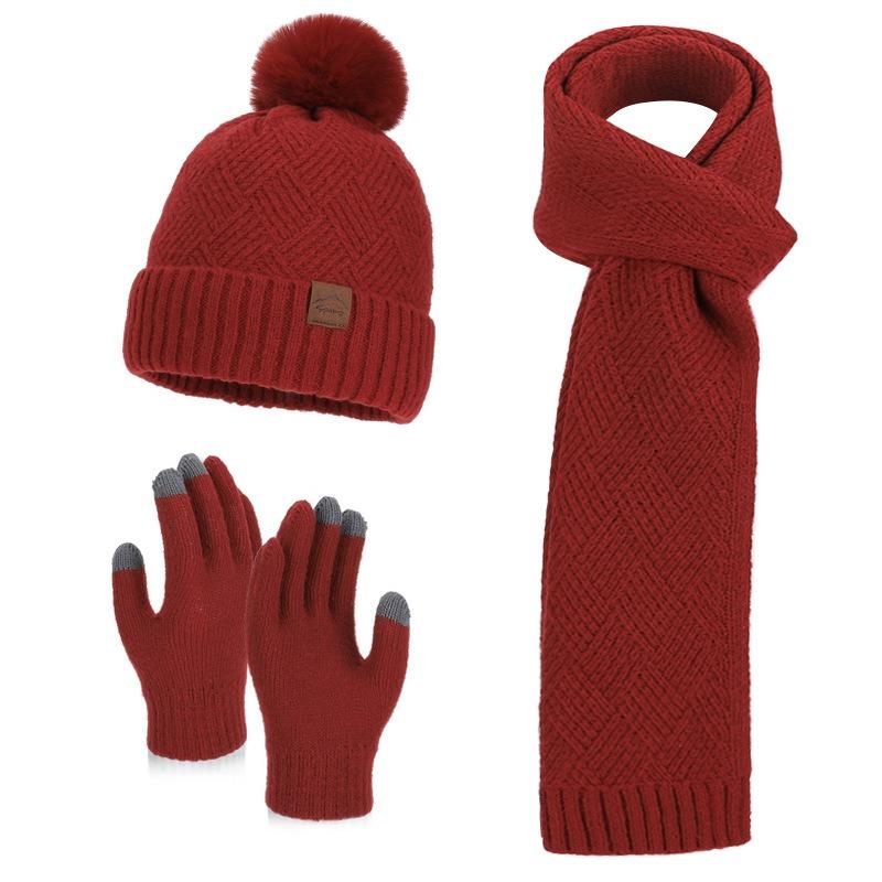 Winter Korean Style Fashion Knitted Wool Hat for Women Warm Hat Scarf and Gloves Three-Piece Set with Ear Protection Beanie