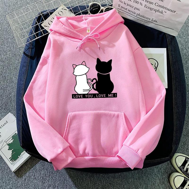 Cute Cat Print Women's Sweatshirts All Season Daily Casual Sporty Loose Hoodie 2025 New Girls Home Outdoor Comfort Warm Pullover
