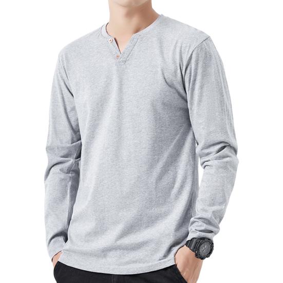 Men Fall Spring Top Buttoned V Neck Long Sleeves Pure Color Loose Pullover T-shirt Daily Wear Sport Homewear Clothes