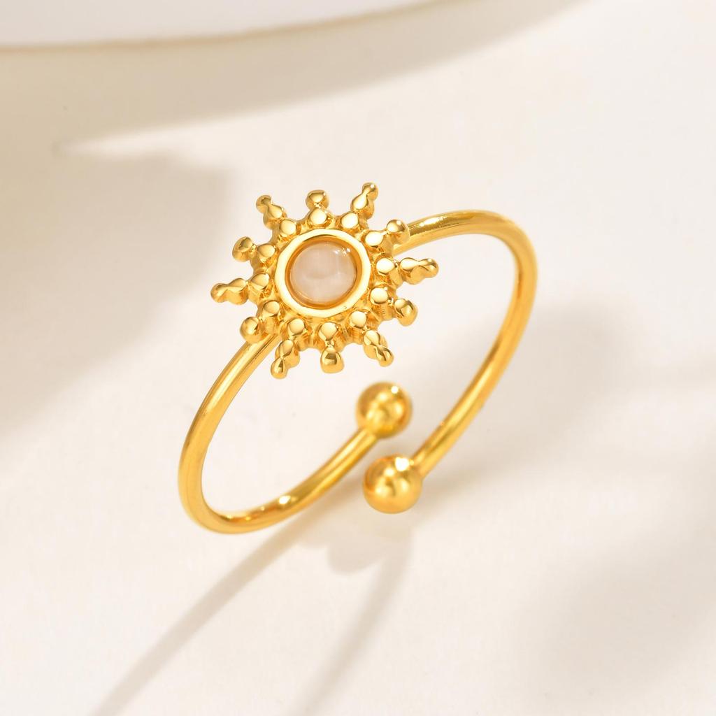 Waterproof Sun Shaped Nature Opal Stone Ring for Women, Stainless Steel Gold Plated Adjustable Finger Ring, Vintage Chic Jewelry