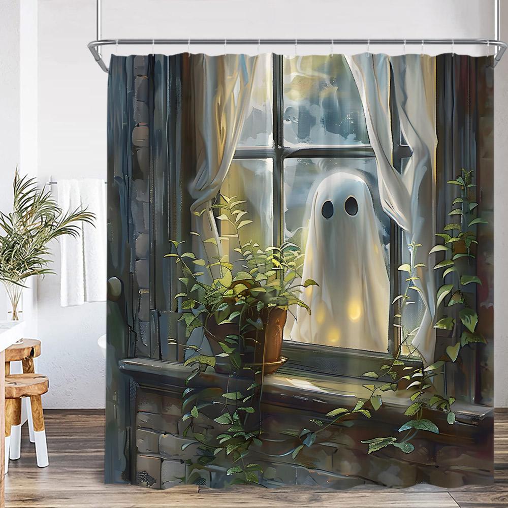 White Ghost Halloween Spectre Shower Curtain Pumpkin Lanten Spooky Happy Halloween Bathroom Decor Polyester Fabric Bath Curtain