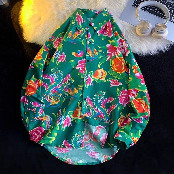 

Унисекс рубашка в стиле ретро с пионами: Повседневный этнический стиль, цветочный топ для весны и осени XL зелёный