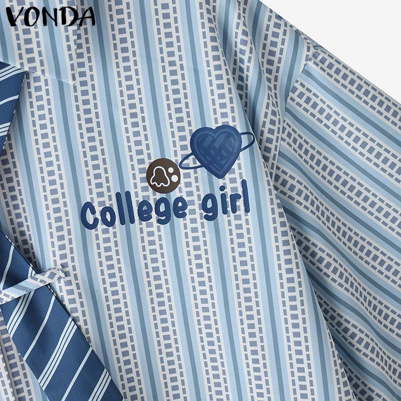 VONDA Women Tie Up Short Sleeve College Style Striped Oversized Casual Shirts