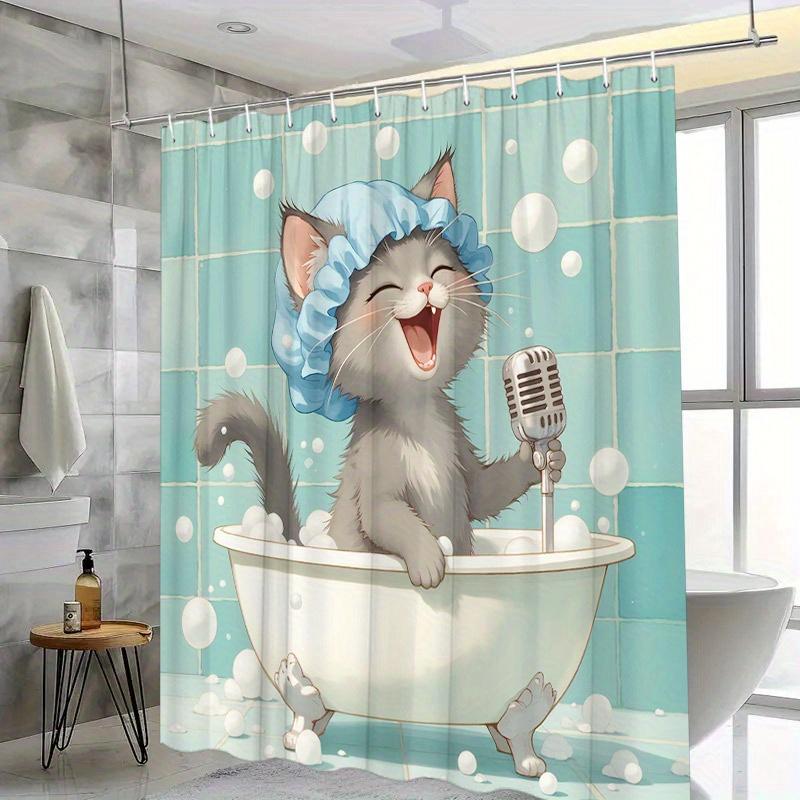 Adorable Kitten with Umbrella Shower Curtain - Water-Resistant Fabric for Bathroom - Perfect for Animal and Whimsy Lovers
