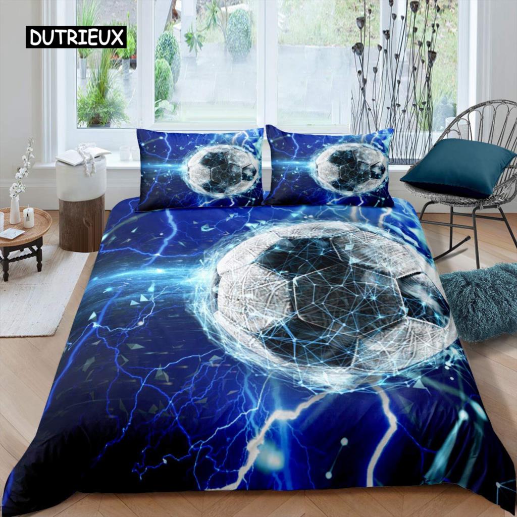 Fußball Bettbezug Set Fußballmuster Sportthema Bettwäsche Set Mikrofaser Bunt Grunge Stil Doppel King Bettdeckenbezug