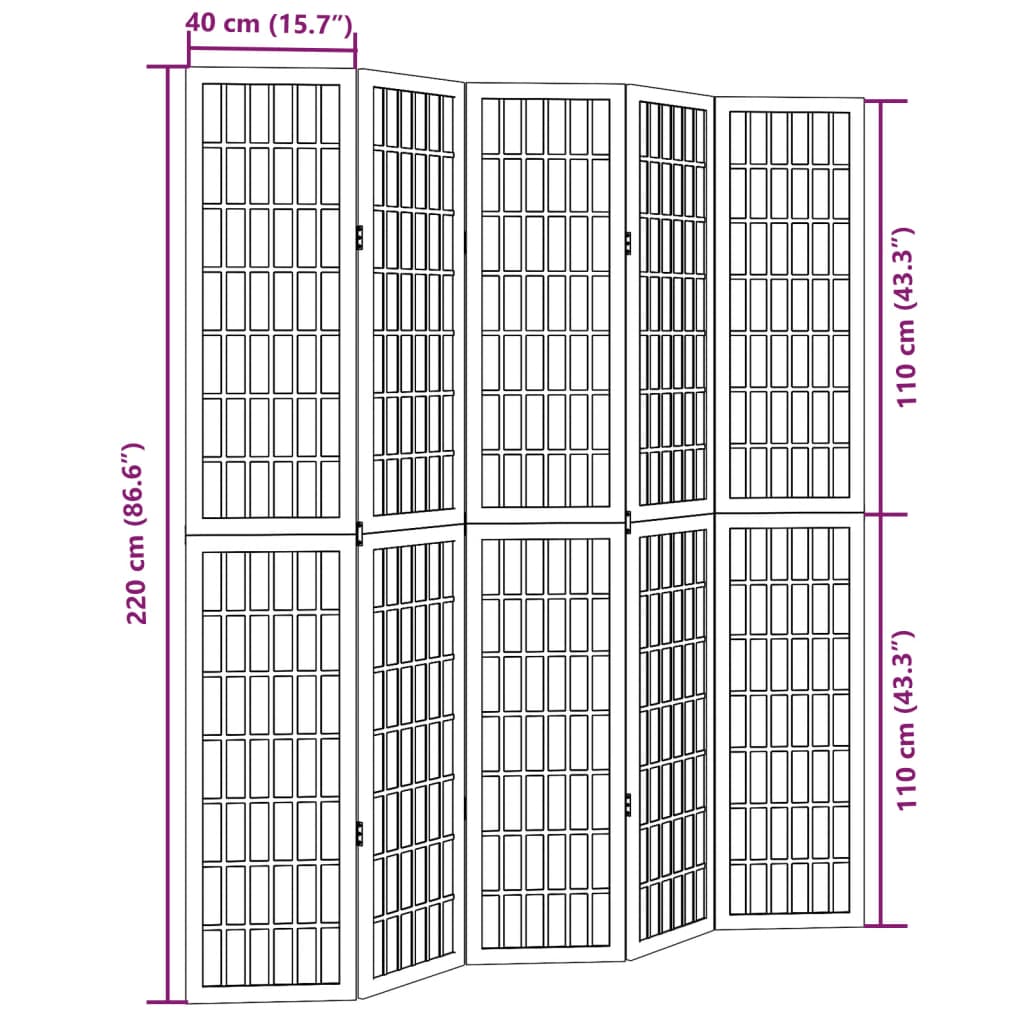 Vidaxl Room Divider, 5-Panel, White, Solid Paulownia Wood