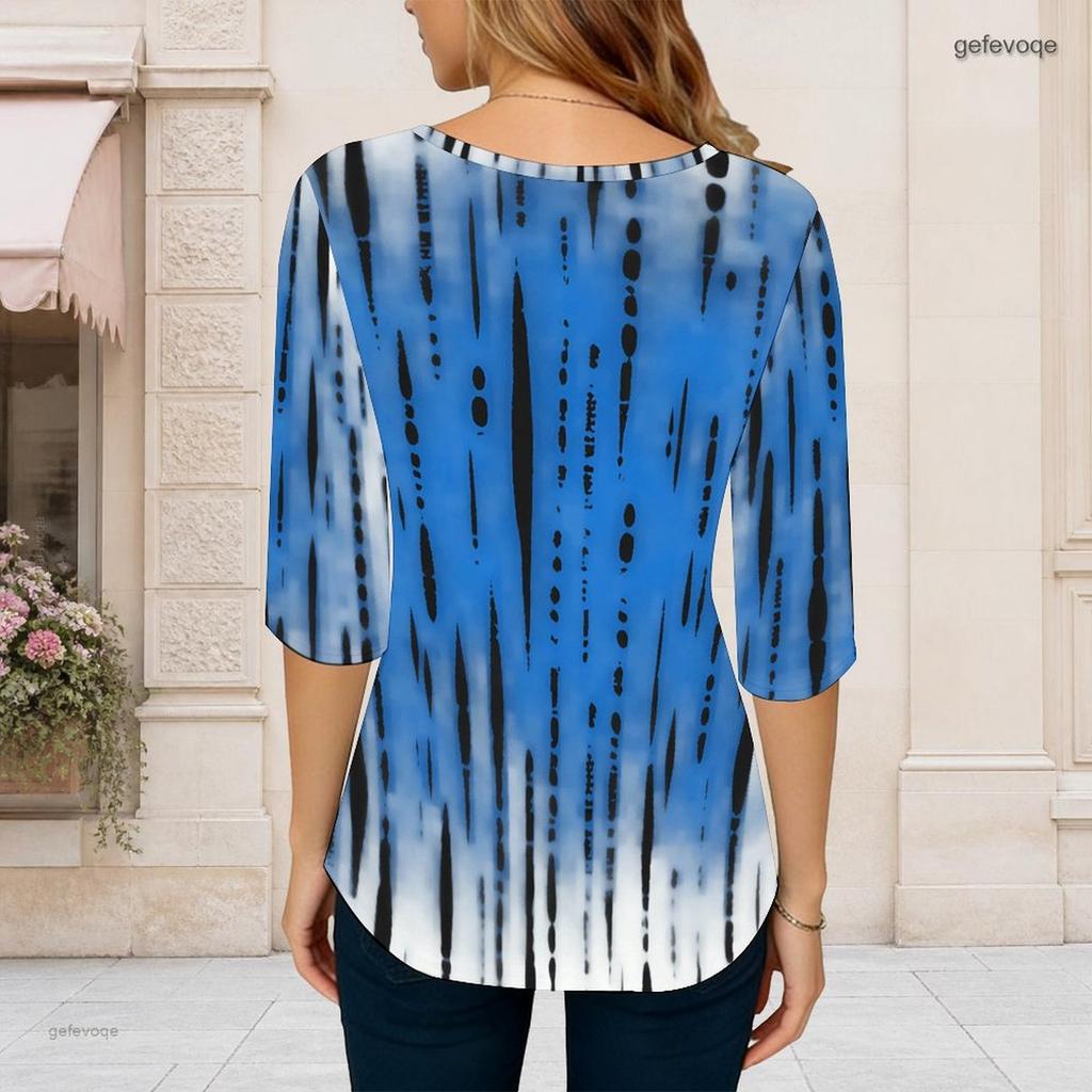 Women Plus Size Round Neck Three Quarter Sleeve Tie Dye Printed Curved Hem T Shirt