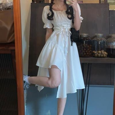 Damska biała sukienka letnia elegancka vintage kawaii bufiaste rękawy midi sukienka kwadratowy kołnierz bandaż sukienka letnia gotyckie stroje