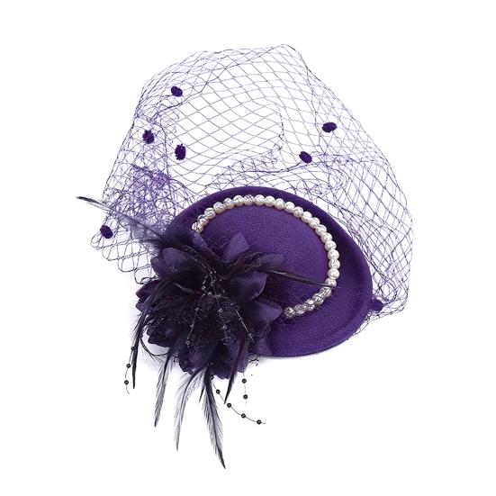 Women Fascinator Hat Feather Mesh Imitation Pearls Decor Pillbox Hat Small Top Hat Daily Party Hair Accessory