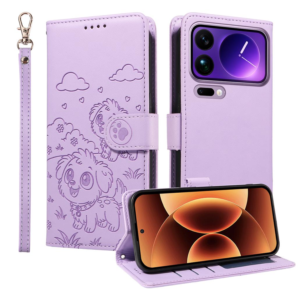 For Xiaomi 17 Pro Max Case RFID Blocking Imprinted Dog Pattern PU Leather Phone Cover with Wrist Strap