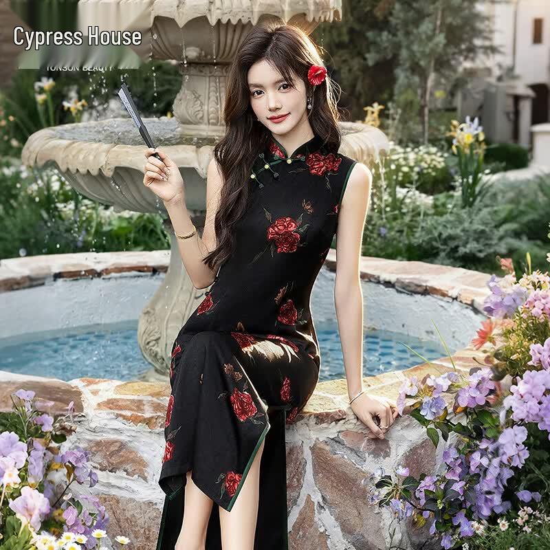 Elegant Chinese Style Sleeveless Slit Cheongsam Dress M