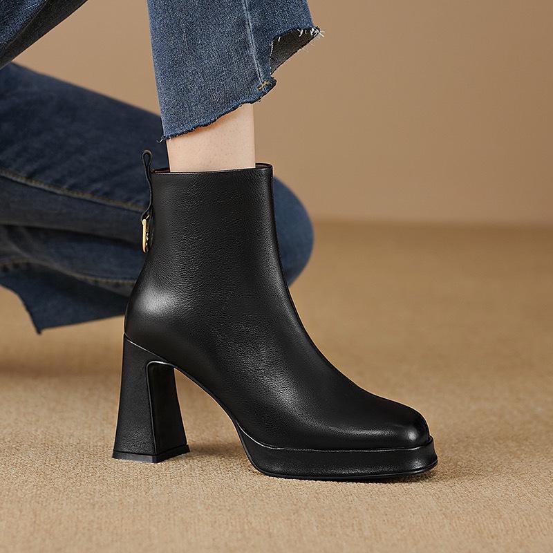 Square Toe Chunky High Heel Women's Boots - Genuine Leather Platform Ankle Boots for Spring & Autumn