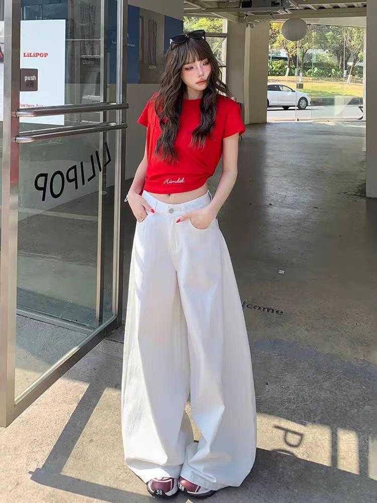 Plus Size High Waist Retro White Wide-Leg Jeans for Women - Summer 2025 Trendy Slimming Floor-Length Pants