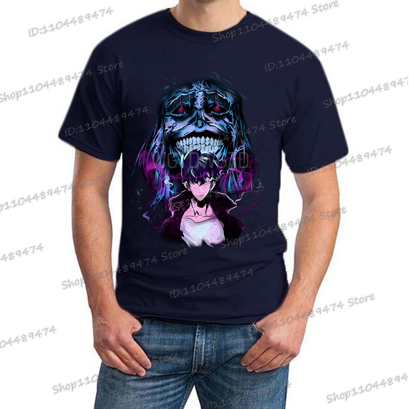Japanese Anime Solo Leveling T Shirt Men Sung Jinwoo God Statue Cartoon Graphic Tees Harajuku Short Sleeve High Quality Tshirt
