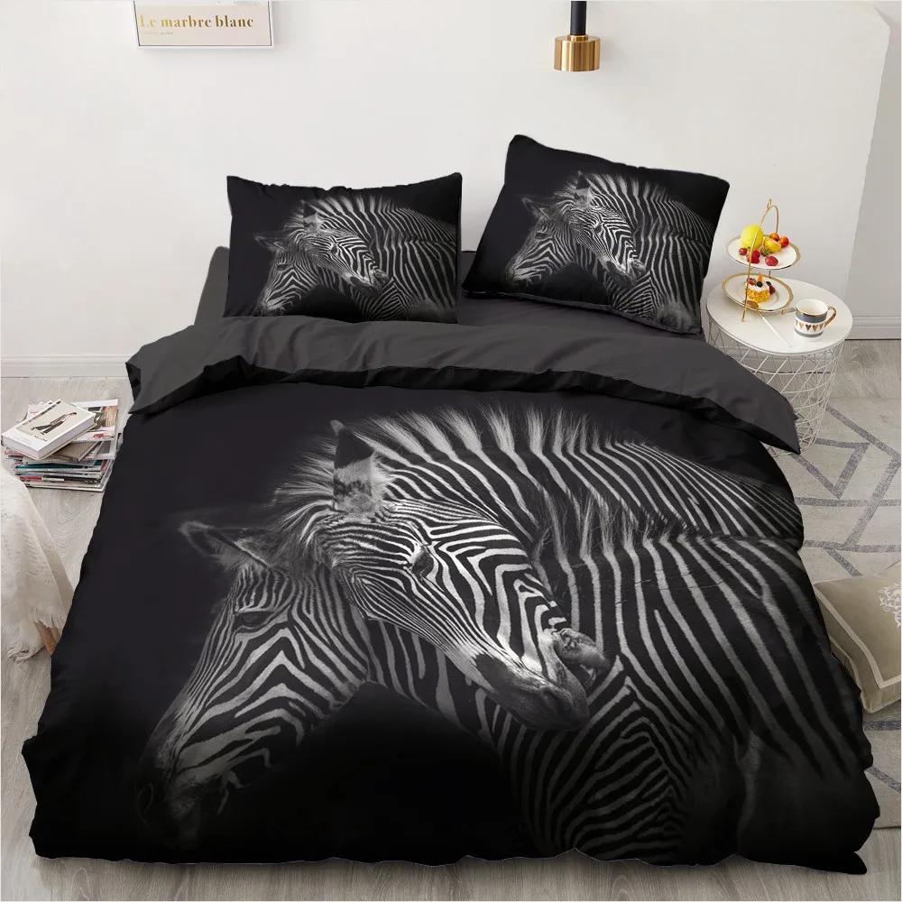 Zebra King Queen Duvet Cover Colorful Animal Bedding Set For Teens Adults Savanna Creatures Black 2/3Pcs Polyester Quilt Cover
