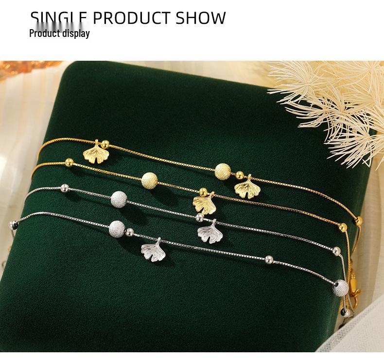 Banyan Tree S925 Silver Apricot Sand Bead & Ginkgo Leaf Double-Layer Anklet for Women