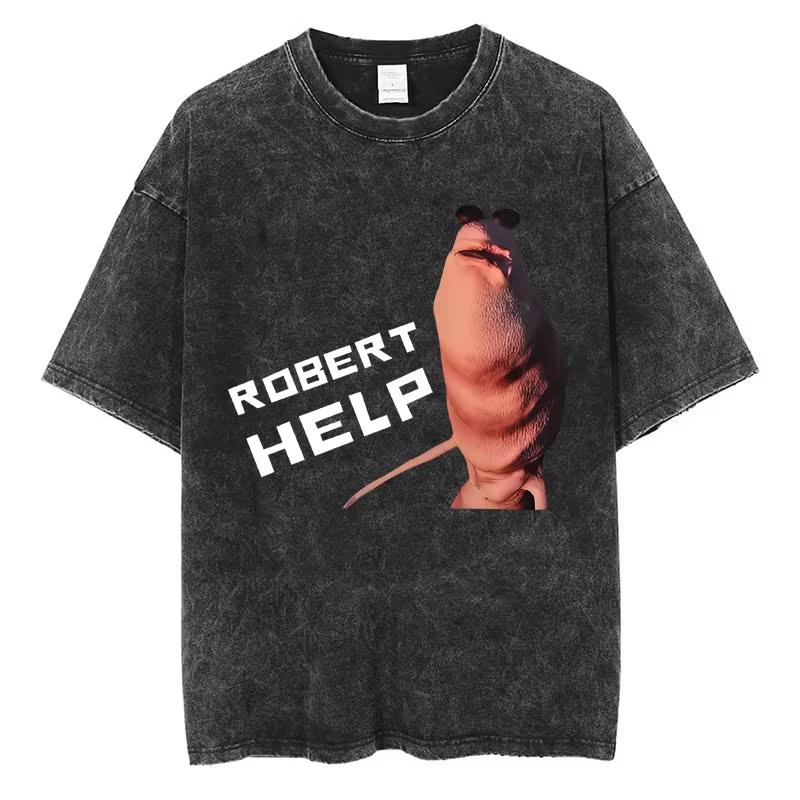 

Vintage Washed T Shirt Retro Comic Style Worm Graphic Tee Loose Fit Streetwear Casual Top for MenWomen Cool Design Daily Wear S