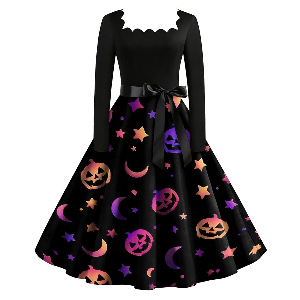 Women's Vintage Long Sleeve Square Neck Halloween Print Party Dress Midi Length Fit and Flare Style with Waist Tie Belt
