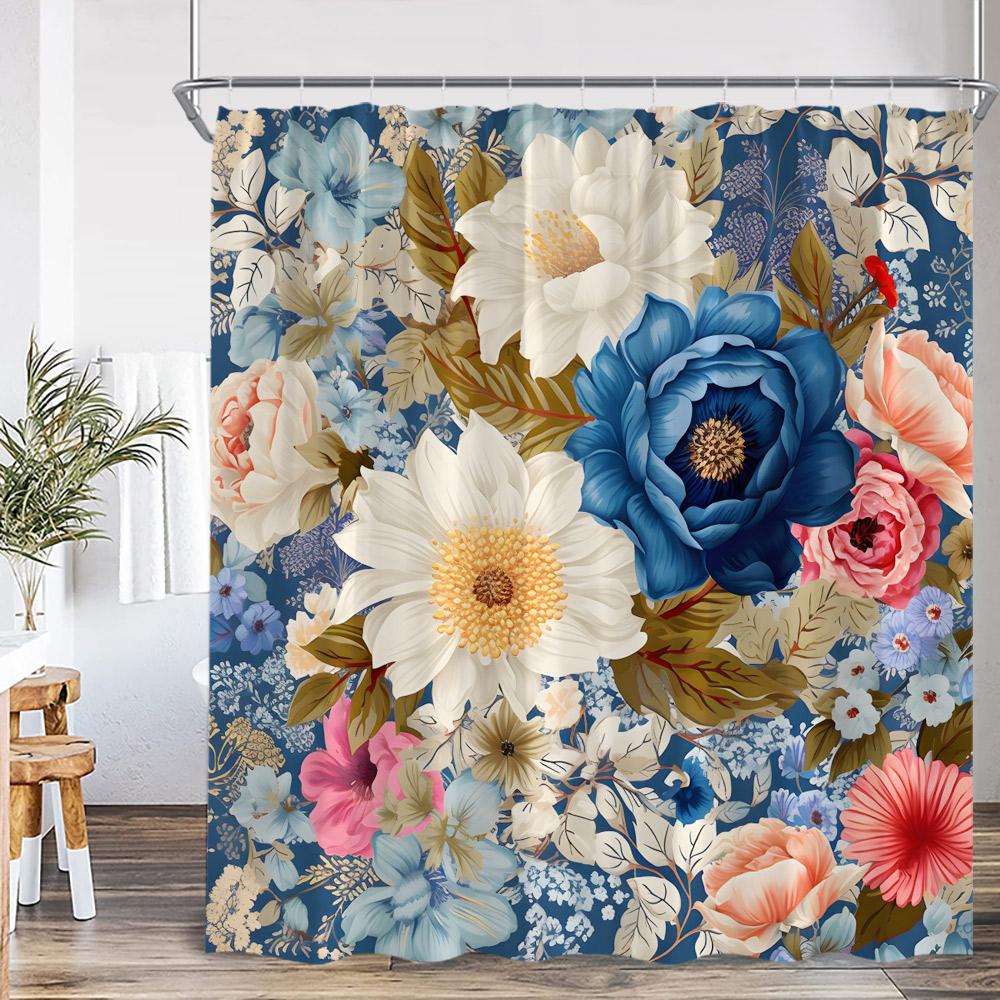

Vintage Floral Shower Curtain Colorful Flower Blossom Plant Green Leaf Dark Bathroom Decoration Polyester Bath Curtain With Hook W60H190(CM)-1 Pcs