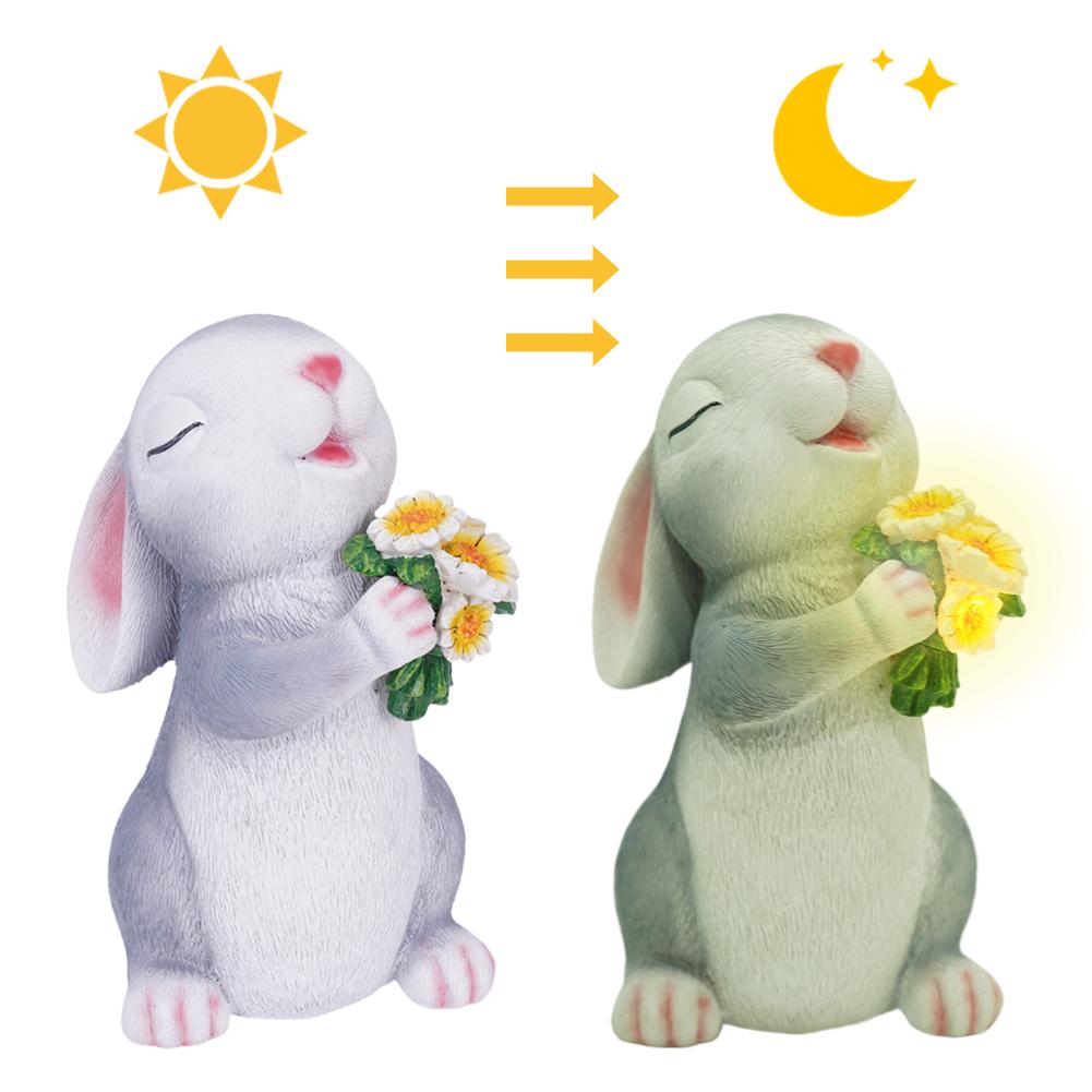 Solar Powered Rabbit Statue Lamp Resin Small Rabbit Ornaments Hold Mushroom/Flowers Mini Rabbit Sculpture Garden Landscape Decor