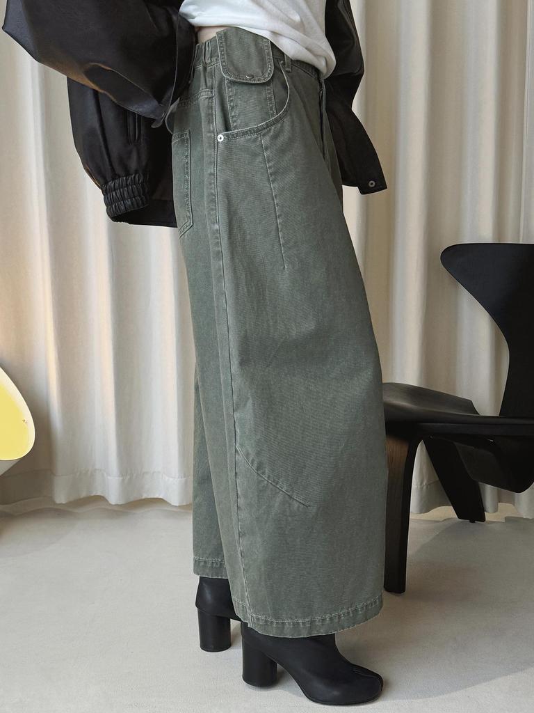 Xu Man Damen Frühling Koreanischer Arbeitskleidungsstil Halbelastischer Bund Laternen-Cropped-Hose