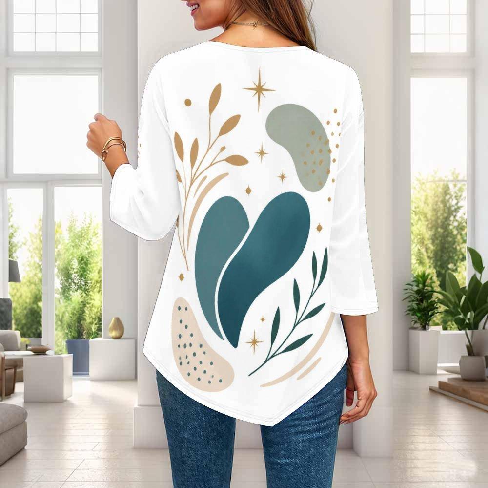 Ladies Plus Size Three Quarter Sleeve Top Pointed Hem Breathable Loose Casual For Daily Commute