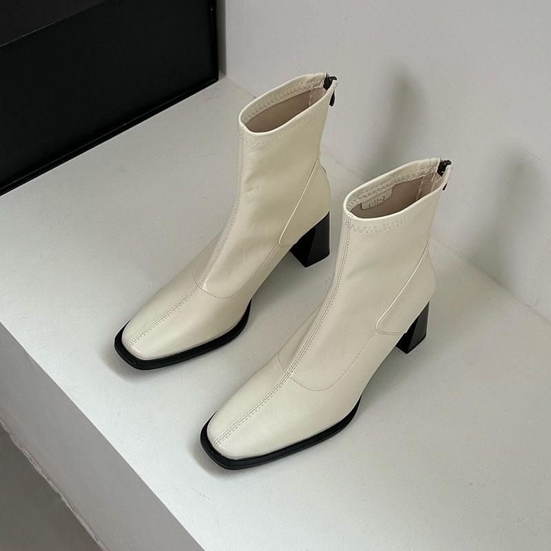Fashion Female 6CM Heels Footwear Ladies Ankle Modern Boots Square Toe Fashion Zippers Women Stretch Short Boots Pumps Shoes New