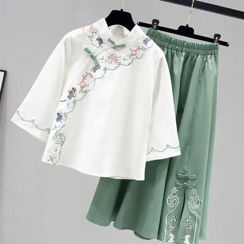 Elegant Hanfu Women's Summer New Butterfly Sweet Chinese Suit Embroidered Suit Hanfu Blouse Skirt Two Piece Set
