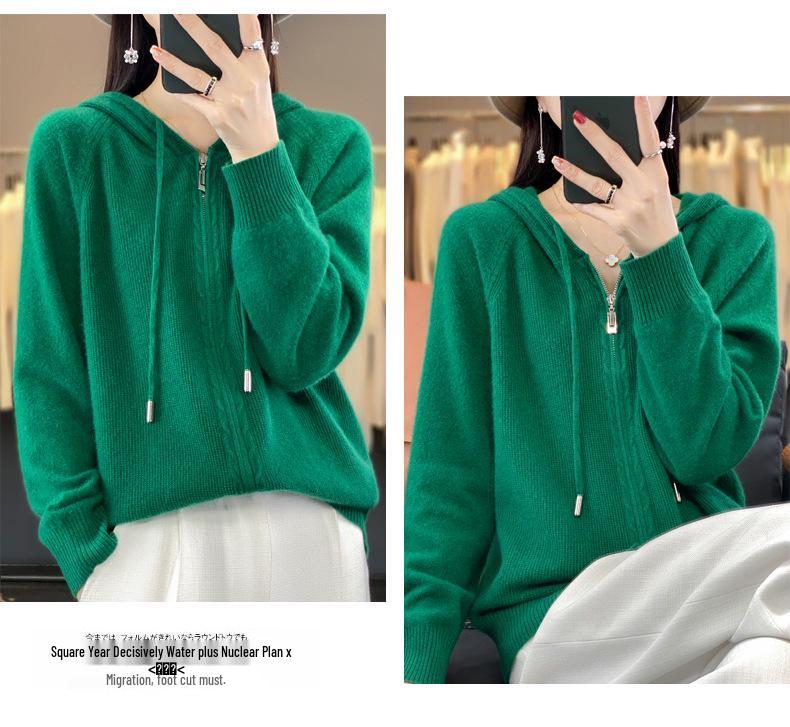 Dámský vlněný svetr podzim 2025 - Jednobarevný, na zip, s kapucí, přiléhavý pletený oděv.