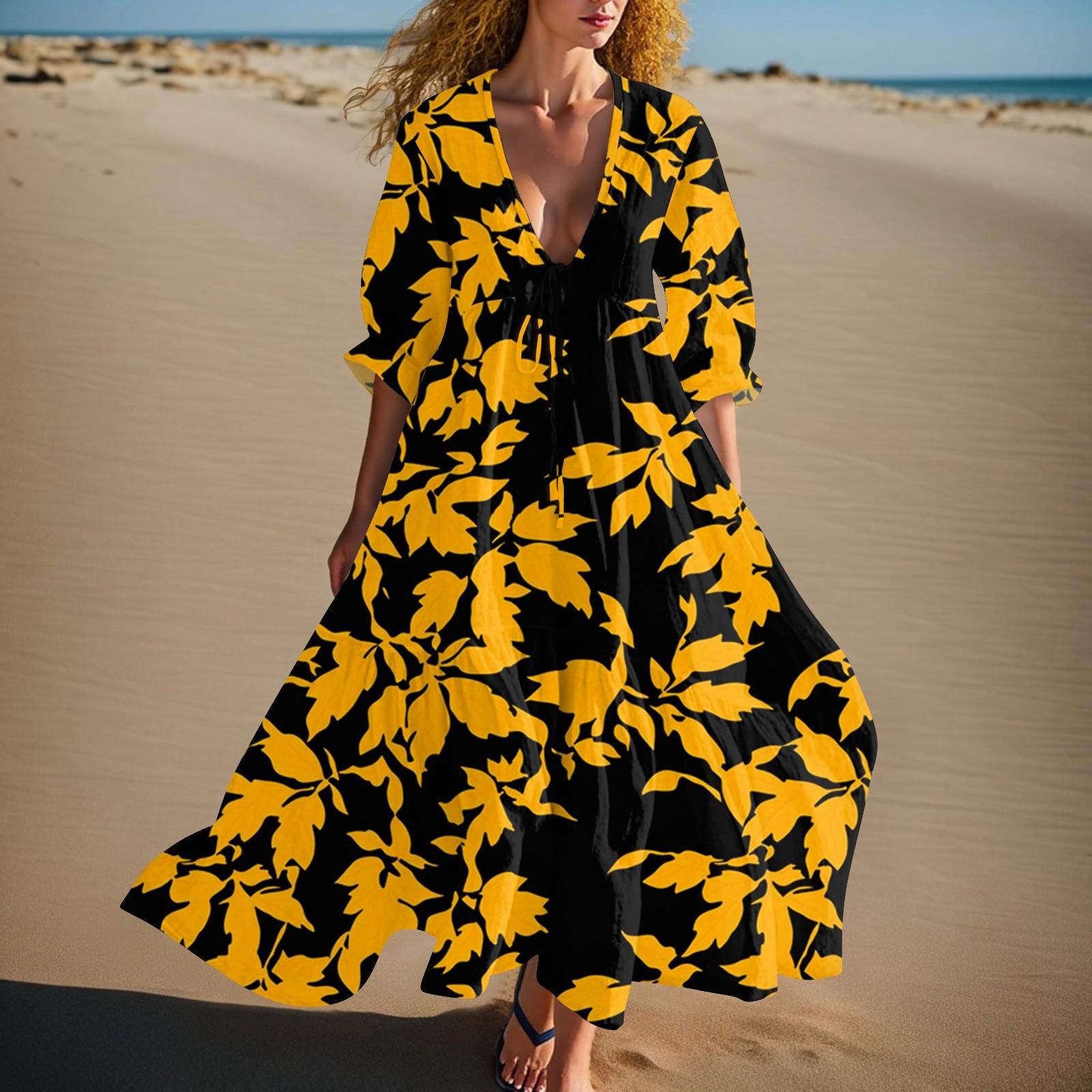 

Женское летнее модное платье с V-образным вырезом, ретро цветочным принтом, короткими рукавами, пляжное платье с кружевной отделкой XL жёлтый
