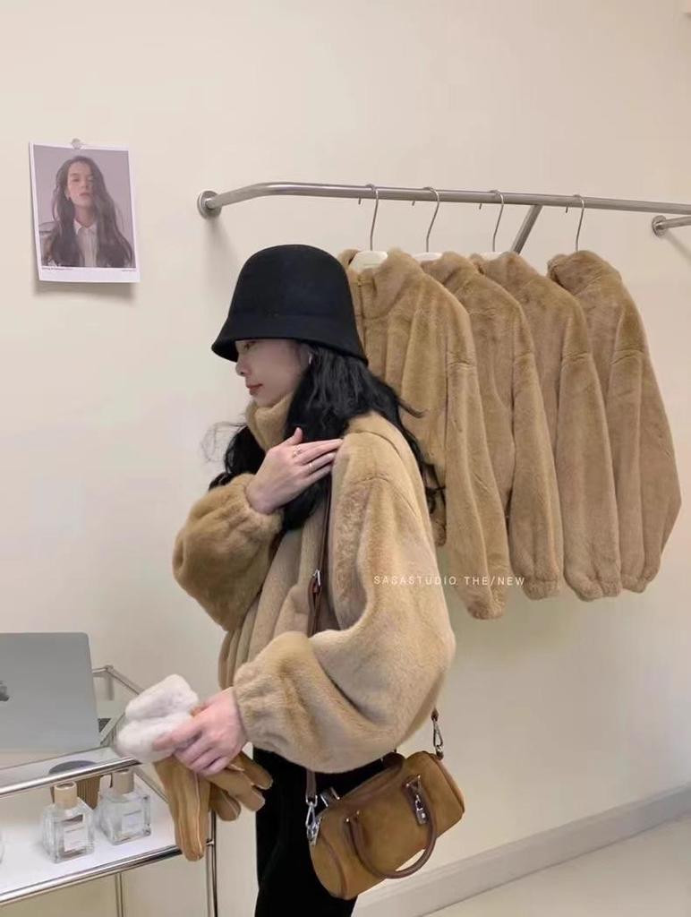 2025 Autumn/Winter Women's Lambswool Stand Collar Plush Coat - Short, Thickened, Loose Fit