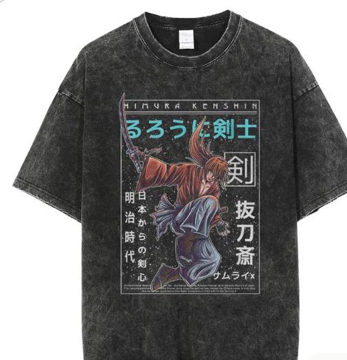 Hot Anime Rurouni Kenshin Plus Size Unisex Anime Lover Washed Tshirt personality Clothes Year round clothing Couples Breathable M