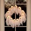 Halloween Ghost Wreath with 12 LED Lights Small Light-up White Ghost Hanging Wreath for Front Porch Door Wall Indoor Outdoor Decoration