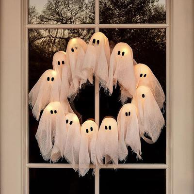 Halloween Ghost Wreath with 12 LED Lights Small Light-up White Ghost Hanging