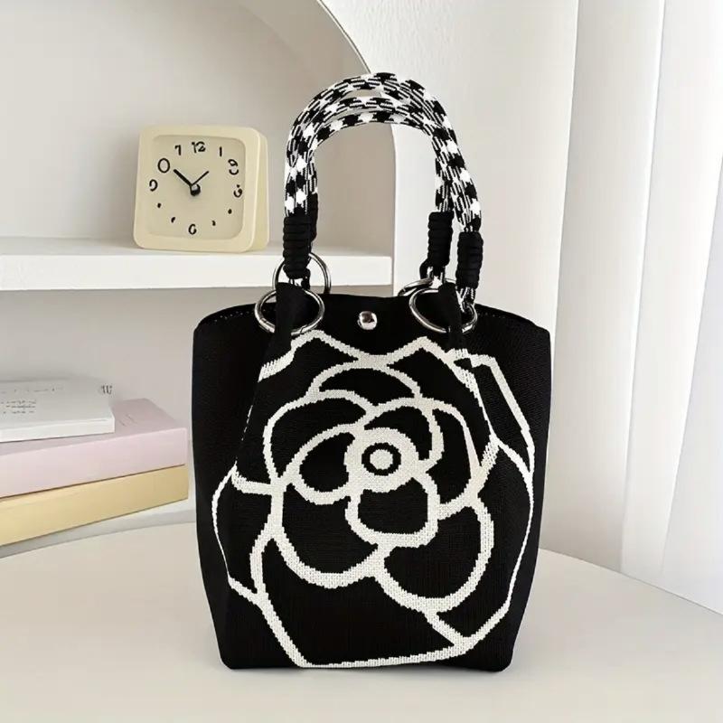 Fashion Flowers Knit Handbag Women Shoulder Bag Color Contrast Portable Ladies Beach Handbag Shopping Tote