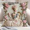 2D Flat Printing Elegant Pillow Cover With Vintage Lady Floral Design For Office Bedroom Living Room (No Insert One Side Print)