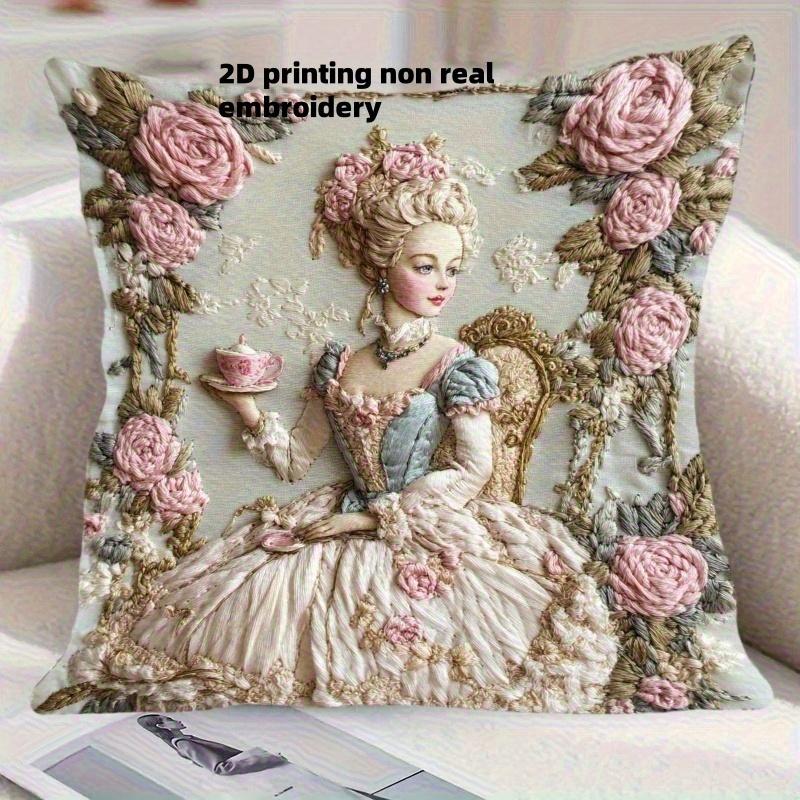 2D Flat Printing Elegant Pillow Cover With Vintage Lady Floral Design For Office Bedroom Living Room (No Insert One Side Print)