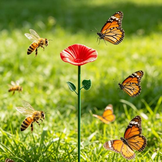 Flower Hummingbird Water Feeder Metal Garden Post Bee Watering Station And Butterfly Waterer Outdoor Bird Bath for Pollinators Garden Decor