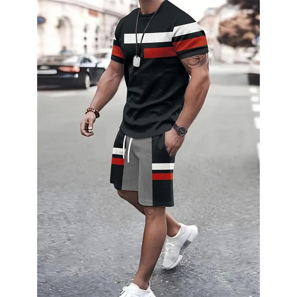 Boutique Men's Summer Casual Sports Short Sleeve Suit Simple Splicing Printed Round Neck T Shirt Drawstring Pocket Shorts Suit