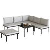 6-Piece Garden Set with Sofa, Corner Chairs, and Glass-top Coffee Table. Light Gray Metal