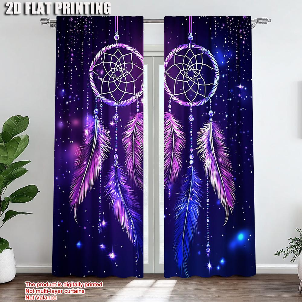 2Pcs Purple Dreamcatcher Feather Digital Printed Window Curtain Suitable For Living Room Bedroom Study Home Decoration Rod