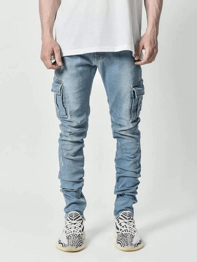 Pánské džíny Street Elastic Jeans Cargo Kalhoty Seprané Jednobarevné Více Kapes Neformální Kalhoty Se Středním Pasem Slim Fit Denní Nošení Joggers