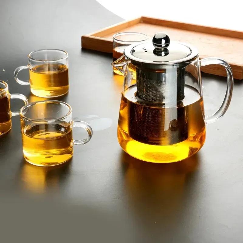 NEW Heat Resistant Glass Teapot With Stainless Steel Infuser Heated Container Tea Pot Good Clear Kettle Square Filter Baskets