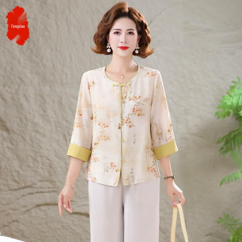 Chinese Style Floral Summer Top for Middle-Aged Women