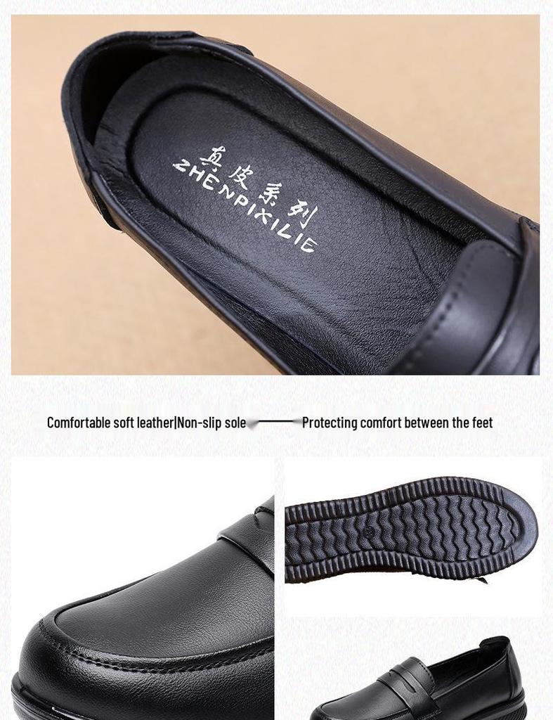 Chaussures de travail antidérapantes en cuir véritable pour maman - Noir, Semelle plate, Douces et confortables pour rester debout toute la journée